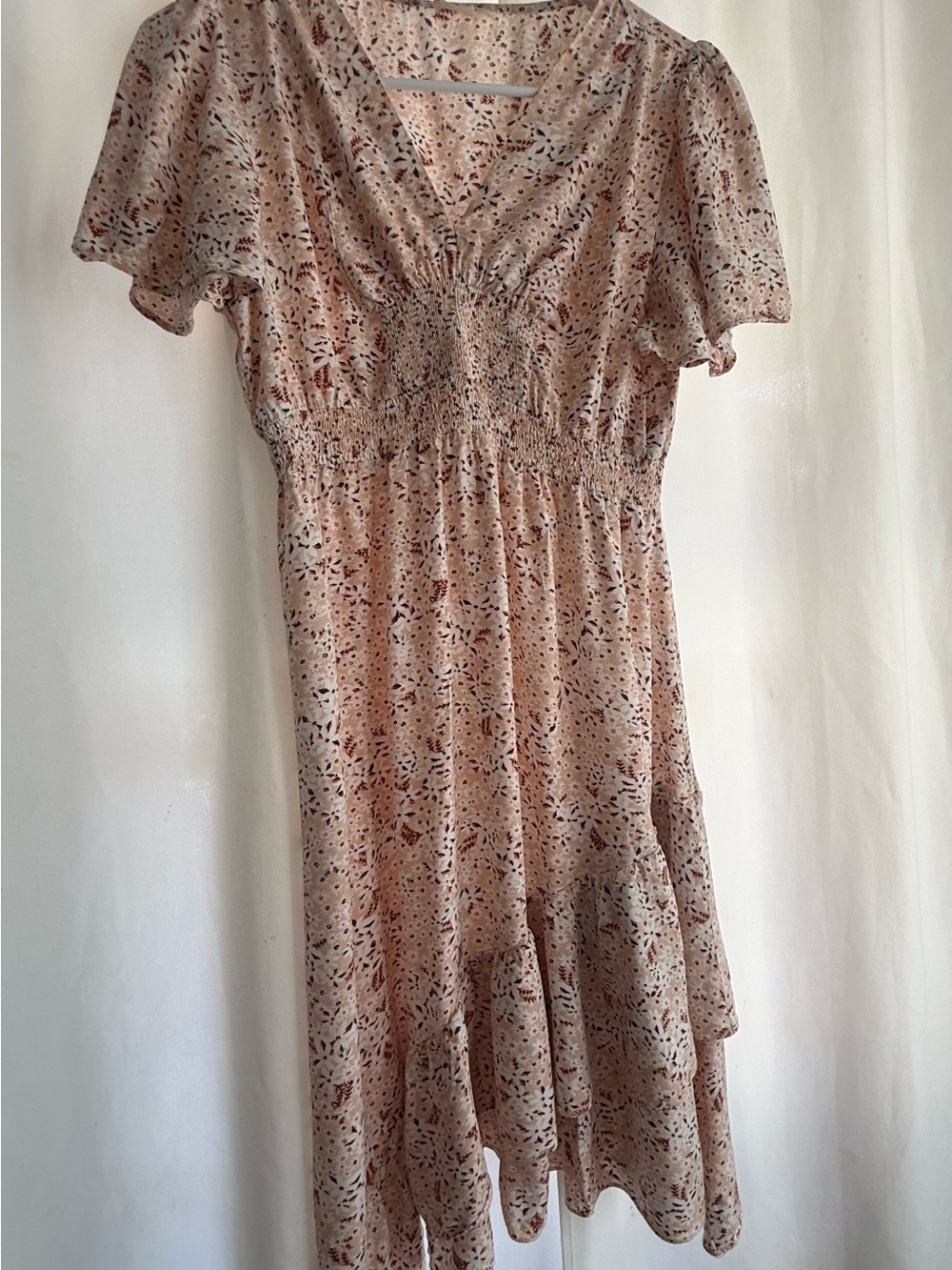 Floral Smocked V-Neck Asymmetric Hem Dress with Flutter Sleeves in Beige
